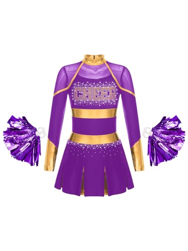 Oyolan Mädchen Cheer Leader Kostüm Cheerleading Kleid Mit Pompoms Schulmädchen Tanzkleid Karneval Fasching Kostüm Violett 110-116 von Oyolan