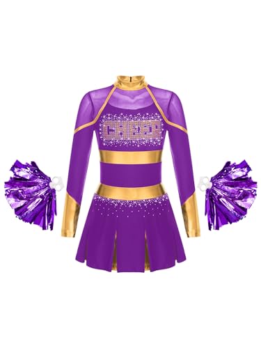 Oyolan Mädchen Cheer Leader Kostüm Cheerleading Kleid Mit Pompoms Schulmädchen Tanzkleid Karneval Fasching Kostüm Violett 170 von Oyolan