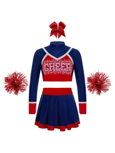 Oyolan Mädchen Cheerleadering Kostüm Schulkind Cheer Kostüm Outfit Langärmliges Crop-Top Faltenrock mit Pompoms und Haarzubehör B Marineblau 134-140 von Oyolan