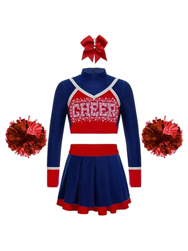 Oyolan Mädchen Cheerleadering Kostüm Schulkind Cheer Kostüm Outfit Langärmliges Crop-Top Faltenrock mit Pompoms und Haarzubehör Ein Marineblau 170 von Oyolan