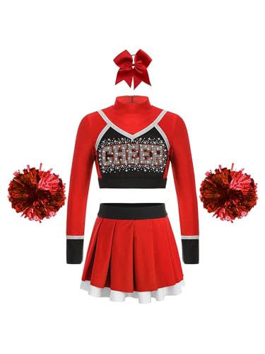 Oyolan Mädchen Cheerleadering Kostüm Schulkind Cheer Kostüm Outfit Langärmliges Crop-Top Faltenrock mit Pompoms und Haarzubehör Ein Rot 158-164 von Oyolan