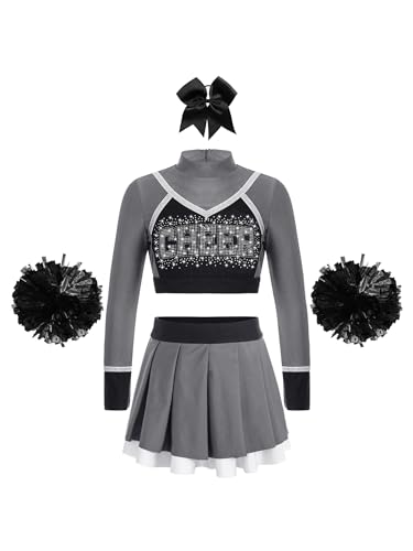 Oyolan Mädchen Cheerleadering Kostüm Schulkind Cheer Kostüm Outfit Langärmliges Crop-Top Faltenrock mit Pompoms und Haarzubehör Ein grau 170 von Oyolan