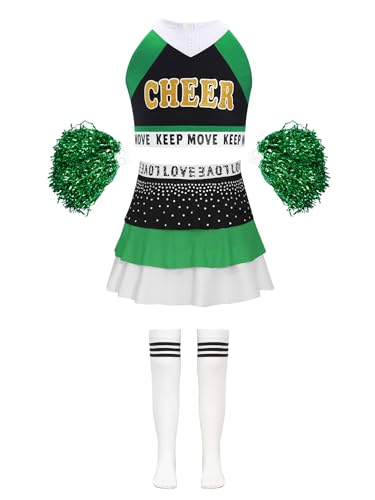 Oyolan Mädchen Cheerleadering Kostüm Uniform Crop Top Minirock Socken Pompom Set Tanzbekleidung für Karneval Halloween Mottoparty Grün 134-140 von Oyolan