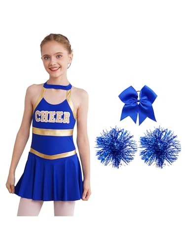 Oyolan Mädchen Cheerleading Kostüm Tanzkleid mit Pompons und Haarzubehör Kinder Cheer Outfit Karneval Kostüm B Königsblau 134-140 von Oyolan