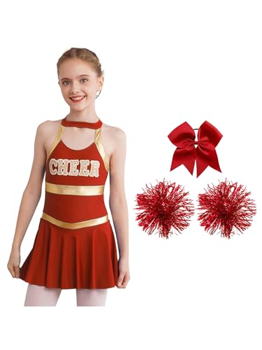Oyolan Mädchen Cheerleading Kostüm Tanzkleid mit Pompons und Haarzubehör Kinder Cheer Outfit Karneval Kostüm B Rot 134-140 von Oyolan