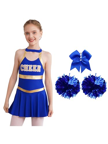 Oyolan Mädchen Cheerleading Kostüm Tanzkleid mit Pompons und Haarzubehör Kinder Cheer Outfit Karneval Kostüm Ein Königsblau 146-152 von Oyolan