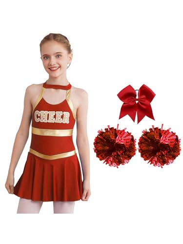 Oyolan Mädchen Cheerleading Kostüm Tanzkleid mit Pompons und Haarzubehör Kinder Cheer Outfit Karneval Kostüm Ein Rot 158-164 von Oyolan