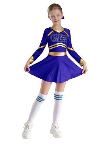 Oyolan Mädchen Cheerleading Kostüm Uniform Kleid Langarm Tanzkleid mit Socken Pompoms Harrband für Halloween Karneval Blau 110-116 von Oyolan