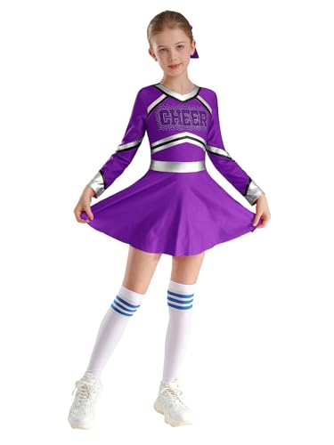 Oyolan Mädchen Cheerleading Kostüm Uniform Kleid Langarm Tanzkleid mit Socken Pompoms Harrband für Halloween Karneval Dunkellila und Weiß 122-128 von Oyolan