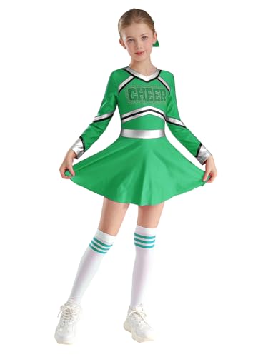 Oyolan Mädchen Cheerleading Kostüm Uniform Kleid Langarm Tanzkleid mit Socken Pompoms Harrband für Halloween Karneval Grün 110-116 von Oyolan