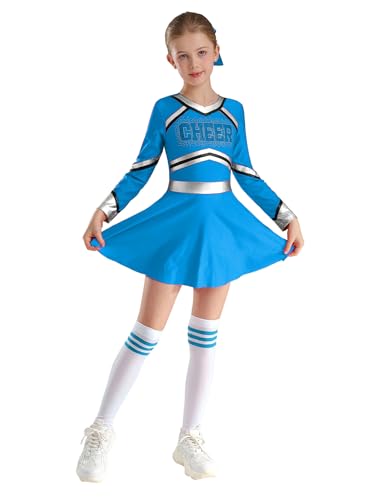 Oyolan Mädchen Cheerleading Kostüm Uniform Kleid Langarm Tanzkleid mit Socken Pompoms Harrband für Halloween Karneval Hellblau 134-140 von Oyolan