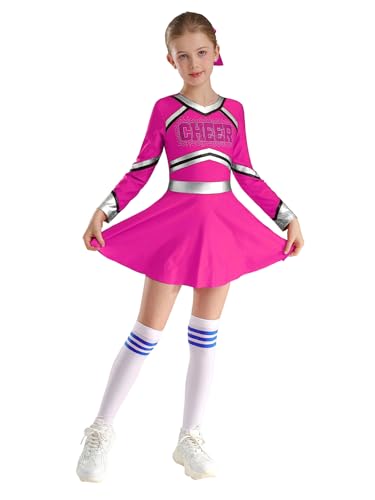 Oyolan Mädchen Cheerleading Kostüm Uniform Kleid Langarm Tanzkleid mit Socken Pompoms Harrband für Halloween Karneval Hot Pink 134-140 von Oyolan