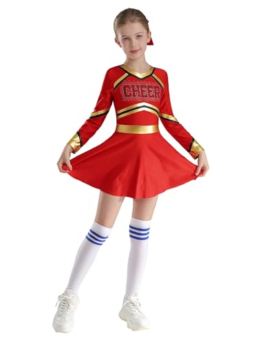 Oyolan Mädchen Cheerleading Kostüm Uniform Kleid Langarm Tanzkleid mit Socken Pompoms Harrband für Halloween Karneval Rot 110-116 von Oyolan