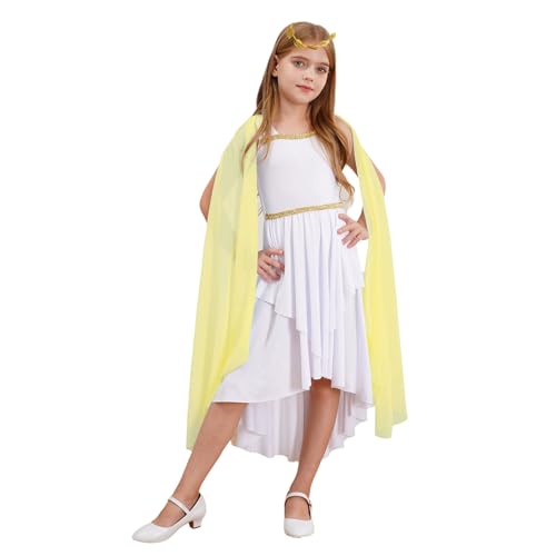 Oyolan Mädchen Griechisch Göttin Kostüm Kinder Prinzessin Kleid Ärmelloses Asymmetrisches Kleid Halloween Karneval Fasching Kostüm Gelb 110-116 von Oyolan