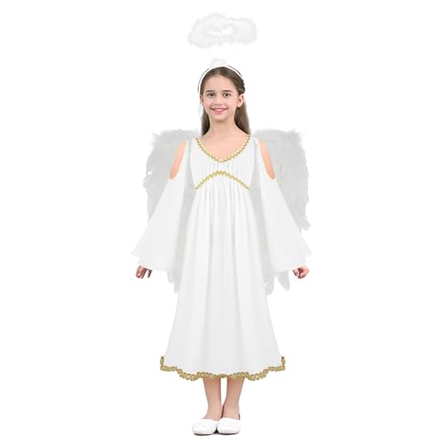 Oyolan Mädchen Griechisch Göttin Kostüm Kleid Ärmelloses Prinzessin Kleid mit Flügeln und Stirnband Halloween Kostüm Weiß B 104-110 von Oyolan