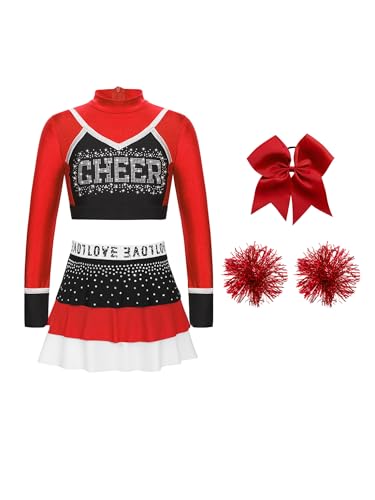 Oyolan Mädchen Halloween Cheer Leader Kostüm Kinder Cheerleadering Uniform Oberteil Rock mit Zubehör Karneval Fasching Party B Rot 146-152 von Oyolan