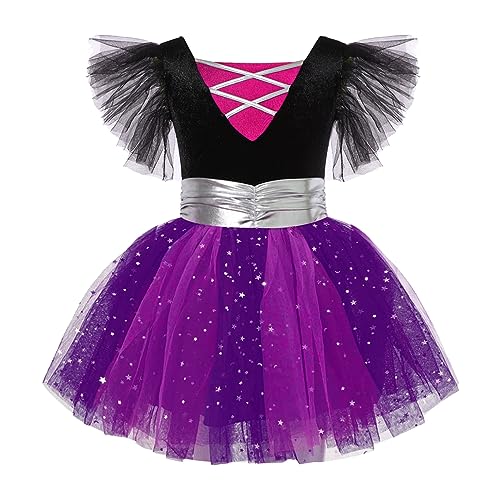 Oyolan Mädchen Hexen Kostüm Hexenkleid Kinder Mesh Tutu Kleid Glitzer Ärmellos Partykleid Böse Cosplay Halloween Fasching Karneval Verkleidung Hot Pink 110-116 von Oyolan