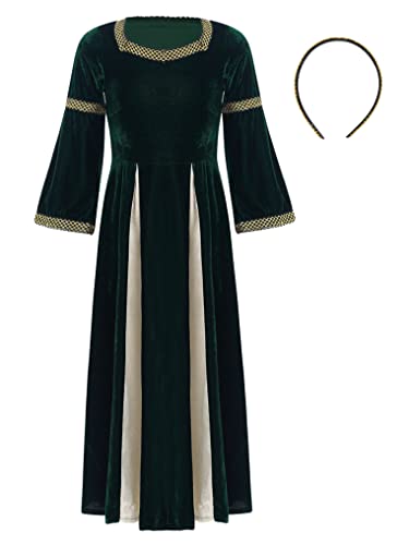 Oyolan Mädchen Mittelalter Kleid Mittelalterliches Kostüm Maxikleid Lange Ärmel Prinzessin Kleid Samtkleid Cosplay Kostüm Partykleid Dunkel Grün 140-152 von Oyolan