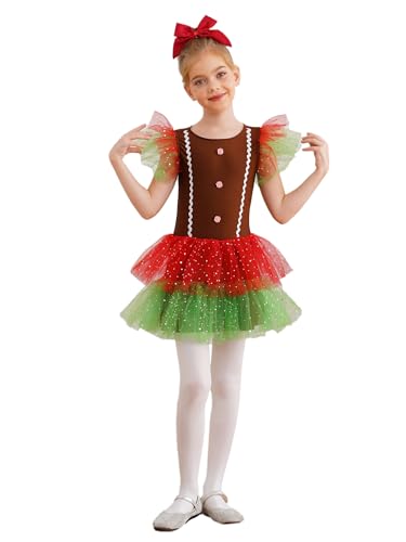 Oyolan Mädchen Weihnachtskleid Ärmellos Ballettkleid mit Tutu Rock Kinder Xmas Outfit Lebkuchenmann Cosplay Weihnachtskostüm Braun 122-128 von Oyolan