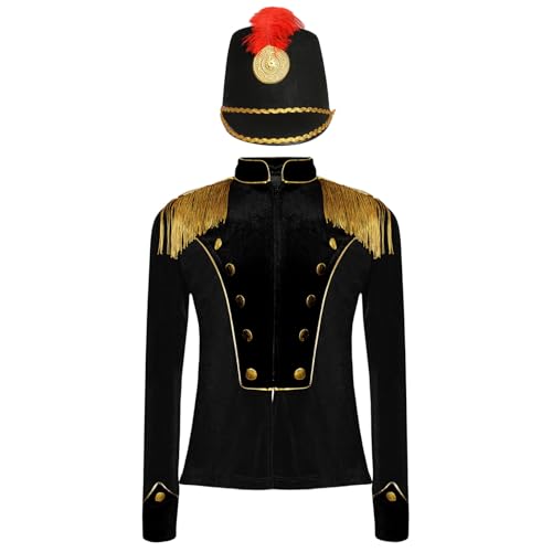 Oyolan Mädchen Zirkus Kostüm Langarm Jacke Mantel Uniform Blazer mit Hut Halloween Karneval Fasching Cosplay Verkleidung Schwarz 146-152 von Oyolan