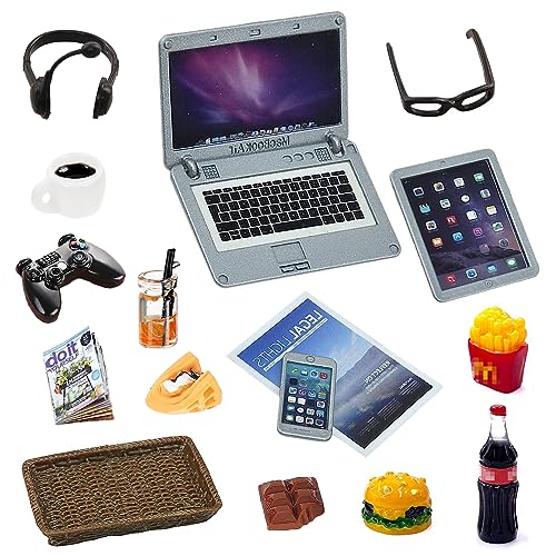 16 Stück Puppenhaus Laptop Set, Büro Tisch Szene Simulation, Miniatur Wichtel Zubehör, Mini Metall Laptop Tablet Zahnpasta Brille Getränke Hamburger von Ozagkad