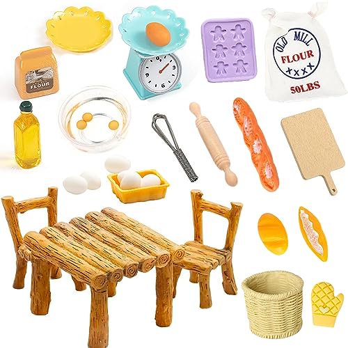 Ozagkad 26 Stück Puppenhaus Backen Zubehör, Miniatur Wichtel Zubehör Set, Puppenhaus Küche Deko, Weihnachten Backset, Tisch und Stühle Eier Mehlsack Nudelholz von Ozagkad