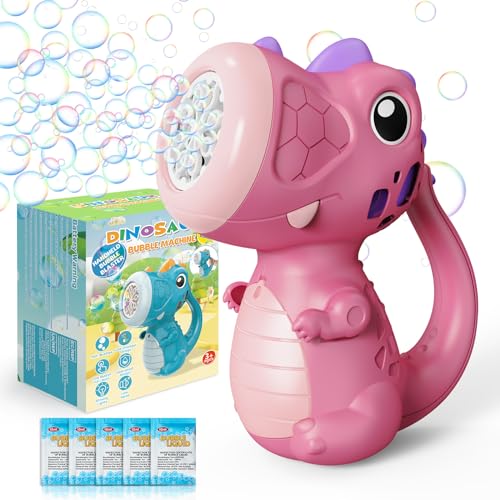 PANACARE Dinosaurier Seifenblasenmaschine, Seifenblasenspielzeug Kinder 5000+ Blasen/Min mit Seifenblasenlösungx5 für Hochzeit/Geburtstag/Party, Geschenk für Junge&Mädchen 345678 Jahre (Pink-V13) von P PANACARE