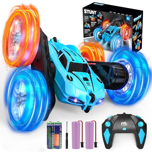 PANACARE Ferngesteuertes 360° Stunt Auto, 2.4Ghz RC Auto Doppelseitig mit Fernbedienungn/Radlichtern/4 Batterien/Licht, 360° Flip Auto, 4WD Off Road Auto Kinderspielzeug Geschenk ab 3456789 Junge von P PANACARE