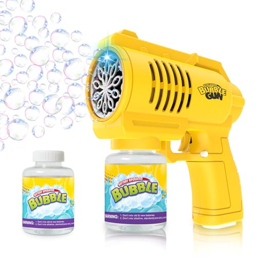 Panacare Kinder Seifenblasenpistole, Seifenblasenmaschine Gun mit Musik 3000+ Blasen/Min mit Seifenblasenlösung, Seifenblasenspielzeug Outdoor Geschenk für Junge 3456789/Geburtstag/Party (Yellow) von P PANACARE