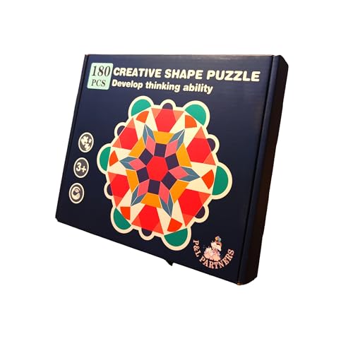 P&L Partners Montessori Holzpuzzle mit Geometrische Formen, 180 teilig Tangram Spielzeug Puzzle mit 24 designkarten, für Kinder ab 3 Jahr von P&L Partners