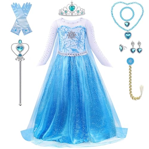 PABTID Elsa Mädchen Prinzessin Kostüm - Eiskönigin Elsa Kinder Kleid mit Krone Diadem Handschuhe Zauberstab Halsketten Set für Karneval Verkleidung Halloween Weihnachten Cosplay Party (100) von PABTID