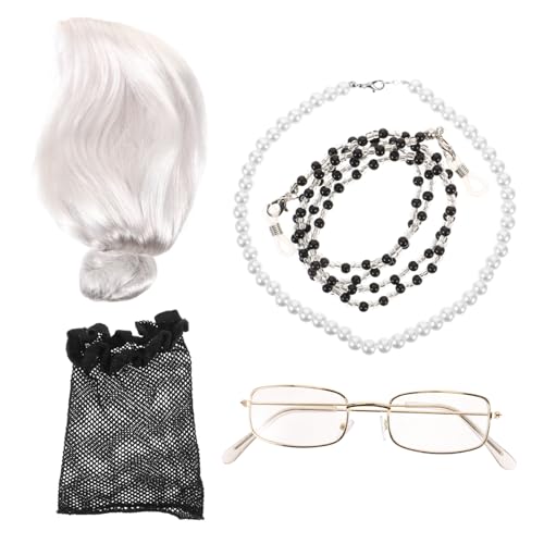 PACKOVE 2-Teiliges Set graue Perücke Brillen für alte Damen alte Dame Perlenkette Perücke der alten Dame Brillenkette für alte Damen Alte Dame Kostüm für Damen heimische Seide Weiß von PACKOVE