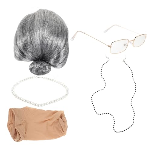 PACKOVE 3 Sätze Oma Perücke Set fasnachtskostüme faschingkostüme Alte Dame Perücke Cosplay Kit Oma Kostüm für Damen Großmutter-Rollenspiel-Requisiten Alte Dame Kostüm für Kinder p Seide von PACKOVE