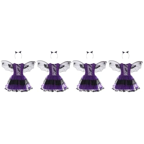 PACKOVE 4 Sätze Halloween-kleider Karikatur Halloween-mädchenkleidung Tierkostüm Cosplay Tutu-kleid Aus Fledermausspitze Halloween-cosplay-kleid Fledermaus-tutu-kleid Violett Stoff von PACKOVE