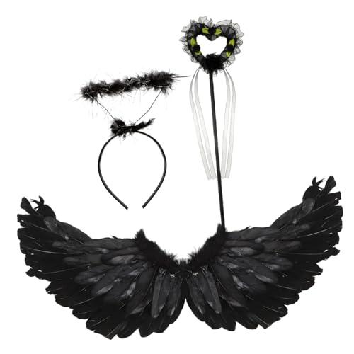 PACKOVE Engelsflügel Set Für Schwarze Teufelsflügel Kostü Mit Heiligenschein Und Zauberstab Perfekt Für Halloween Karneval Und Cosplay Veranstaltungen von PACKOVE