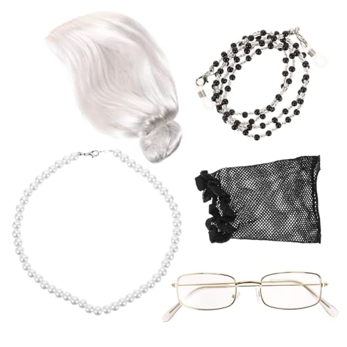 PACKOVE Satz Brillenkette für alte Damen Oma Perücke Brille Einer Alten Dame Perlenarmband Perücke der Alten Dame alte Frau Oma-Kostüm graue Perücken alte Dame heimische Seide Weiß von PACKOVE