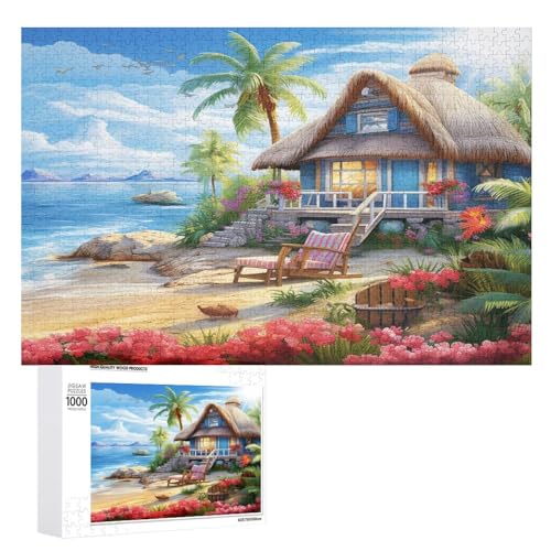 Holzpuzzle Strand Cottage Puzzle 1000 Teile Erwachsene Klassische Pädagogisches Spielzeug Kinder Lernspiel Herausforderndes Puzzles Raumdekoration Detailreiches Geschenk （75×50cm） von PACUM