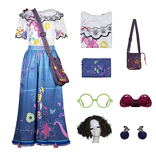 Mirabel Kostüm Erwachsene, Mirabel Kleid für Frauen Prinzessin Hemd Rock Komplettes Set Outfit mit Brille Ohrringe Tasche Perücke, Anzug + Zubehör + Perücke, X-Small von PAINEOMN