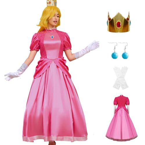 PAINEOMN Prinzessinnenkleid für Damen, Halloween, Prinzessin, Cosplay, Kostüm, Krone, Ohrringe, Handschuhe, Set, Erwachsenenkostüm, Anzug, Pfirsich, M von PAINEOMN