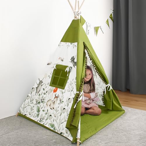 PaLulli Tipi Spielzelt für Kinder mit Matte & Anti-Kollaps-System & 4 Dekokissen Baumwolle- Segeltuch Kinderzelt (Bambi) von PaLulli