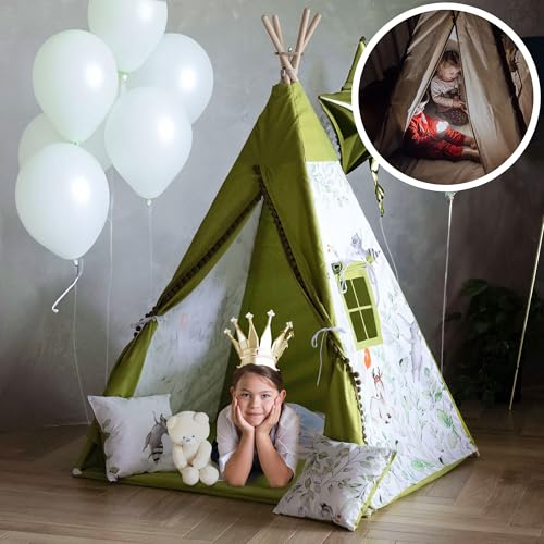 PaLulli® Tipi Zelt für Kinder aus 100% Baumwolle mit Kuschelmatte, Anti-Kollaps-System [Stabil], Camping-Hängelampe & 2 Dekokissen, Tippi Kinderzelt Teepee Spielzelt von PaLulli