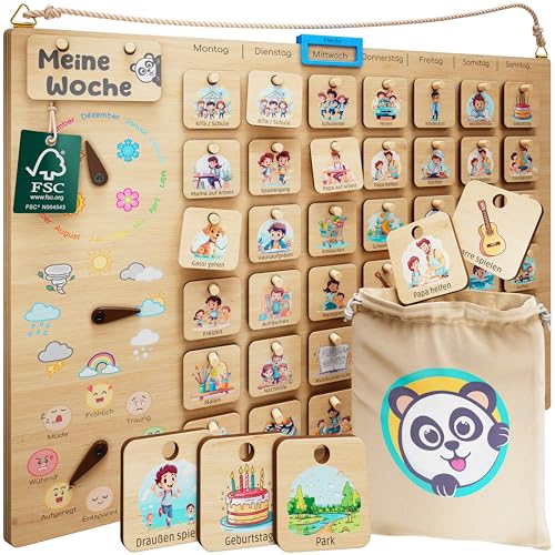 PANDABANDE® Premium Wochenplaner Kinder [Gefühle, Wetter, Monate] - 100% FSC®-zertifiziertes Holzspielzeug - Idealer Wochenplan Kind, Tagesplan, Routine Planer, Kinderkalender von PANDABANDE