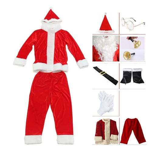 9-teiliges Weihnachtsmann-Kostüm für Erwachsene, Weihnachtsmann-Anzug, Weihnachtsmann-Kostüm, Zubehör, Party, Cosplay, Requisiten von PANHDK