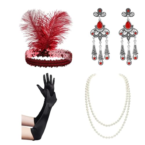 PANHDK 1920er Jahre Accessoires Set für Frauen Brüllende 20er Jahre Zubehör Flapper Kostüm mit 20er Jahre Stirnband Halskette Handschuhe Ohrring von PANHDK