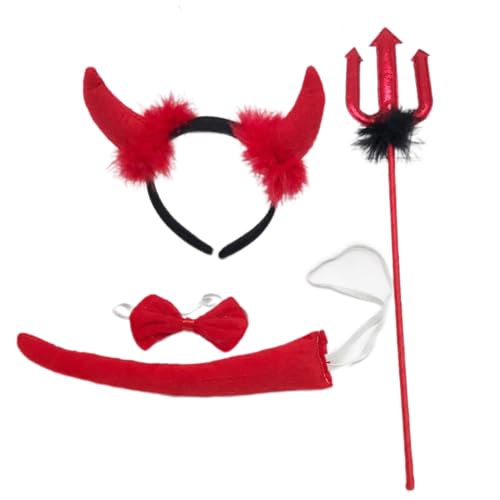 PANHDK Damen Teufelshorn, Stirnband, Teufelsschwanz, Teufelsschwanz, Cosplay, Kostüm-Set, Schleife, Halskette, Halloween-Party, lustiges Kleid von PANHDK