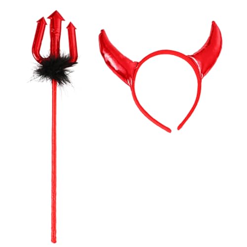 PANHDK Damen Teufelshorn, Stirnband, Teufelsschwanz, Teufelsschwanz, Cosplay, Kostüm-Set, Schleife, Halskette, Halloween-Party, lustiges Kleid von PANHDK