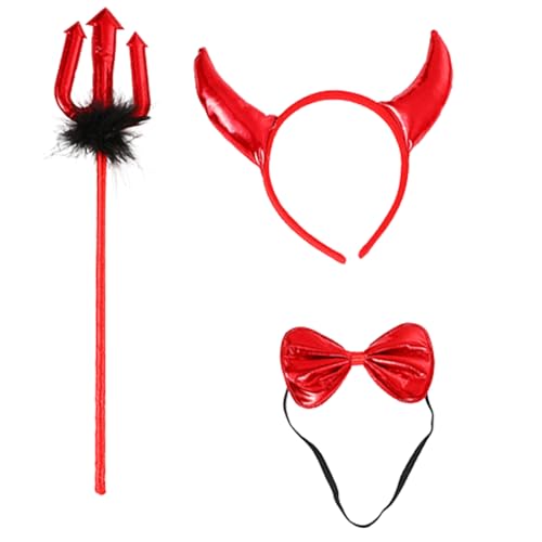 PANHDK Damen Teufelshorn, Stirnband, Teufelsschwanz, Teufelsschwanz, Cosplay, Kostüm-Set, Schleife, Halskette, Halloween-Party, lustiges Kleid von PANHDK