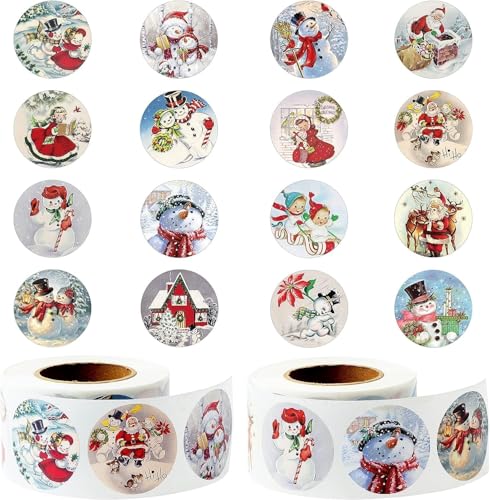 PANTIDE Vintage Weihnachts-Winter-Aufkleber Rollen 1000 STK (2 Rollen) Charmante Cartoon-Weihnachts-Runden-Aufkleber Santa Schneemann Mustern Selbstklebend Etiketten Weihnachtsparty-Geschenke von PANTIDE