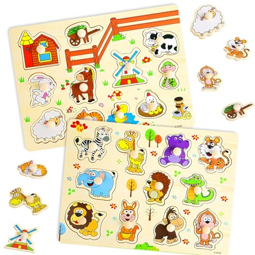 2 Stück Bauernhof Holzpuzzles,Puzzle zur Erkennung Von Tierformen,Steckpuzzles für Kinder,Baby Puzzle,Dschungeltiere Greifpuzzle Holz,Geschenk für MäDchen und Jungen Ab 2 Jahren von PANYI