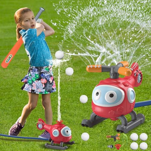 2 in 1 Wassersprinkler Set Baseball Helikopter Hinterhof Spielzeug Ballspiel mit 2 Baseballbälle Hubschrauber Flugzeug Wasserspray für Kinder über 3 Jahre von PAPABA